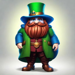 A medium-height dwarf with blue skin, wearing a green cape and a burgundy top hat