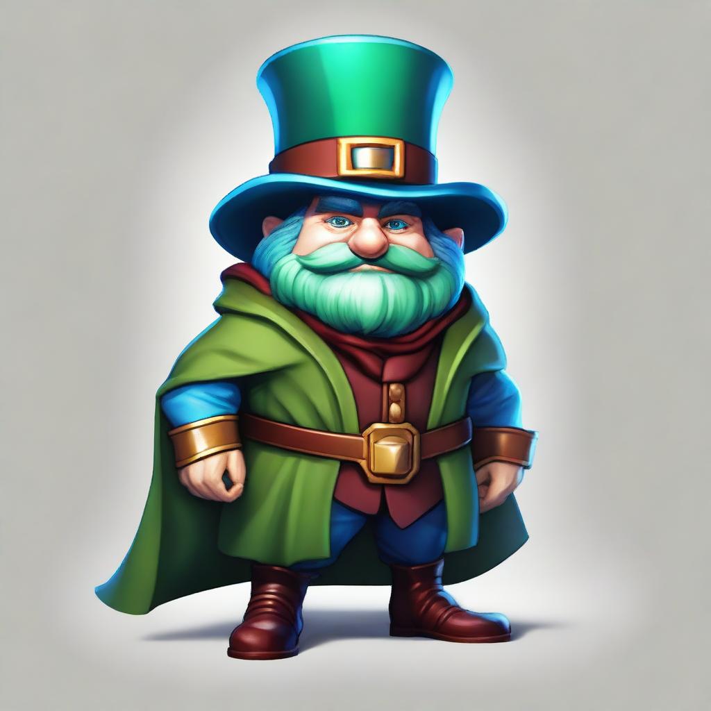 A medium-height dwarf with blue skin, wearing a green cape and a burgundy top hat