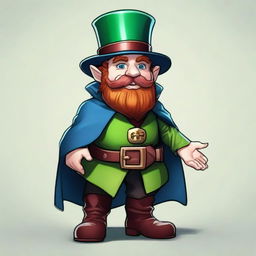 A medium-height dwarf with blue skin, wearing a green cape and a burgundy top hat