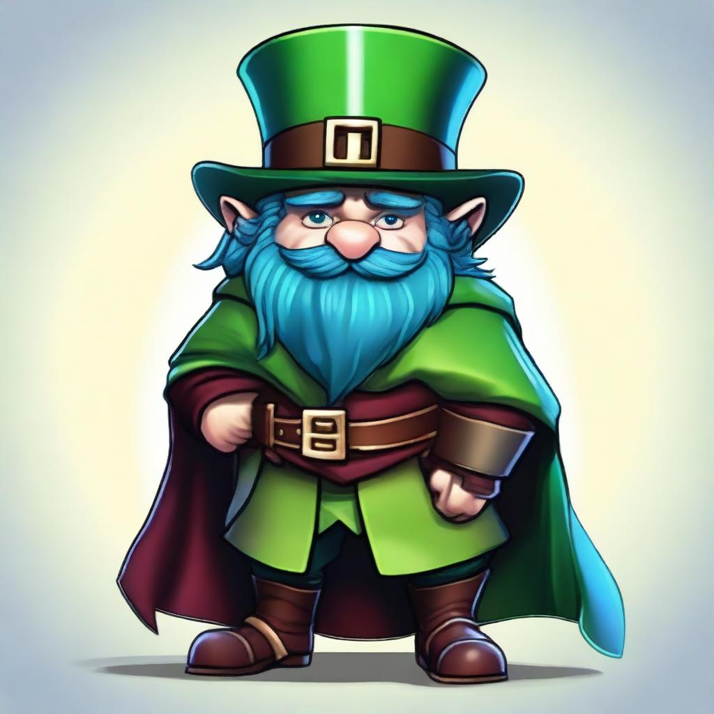 A medium-height dwarf with blue skin, wearing a green cape and a burgundy top hat