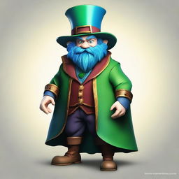 A medium-height dwarf with blue skin, wearing a green cape and a burgundy top hat