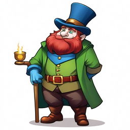 A medium-height dwarf with blue skin, wearing a green cape and a burgundy top hat