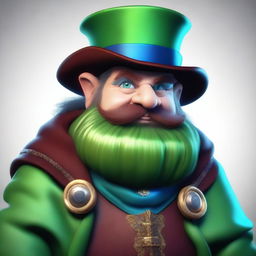 A medium-height dwarf with blue skin, wearing a green cape and a burgundy top hat