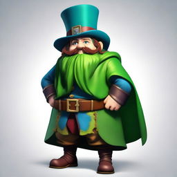 A medium-height dwarf with blue skin, wearing a green cape and a burgundy top hat