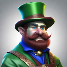 A medium-height dwarf with blue skin, wearing a green cape and a burgundy top hat