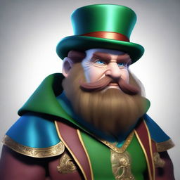 A medium-height dwarf with blue skin, wearing a green cape and a burgundy top hat