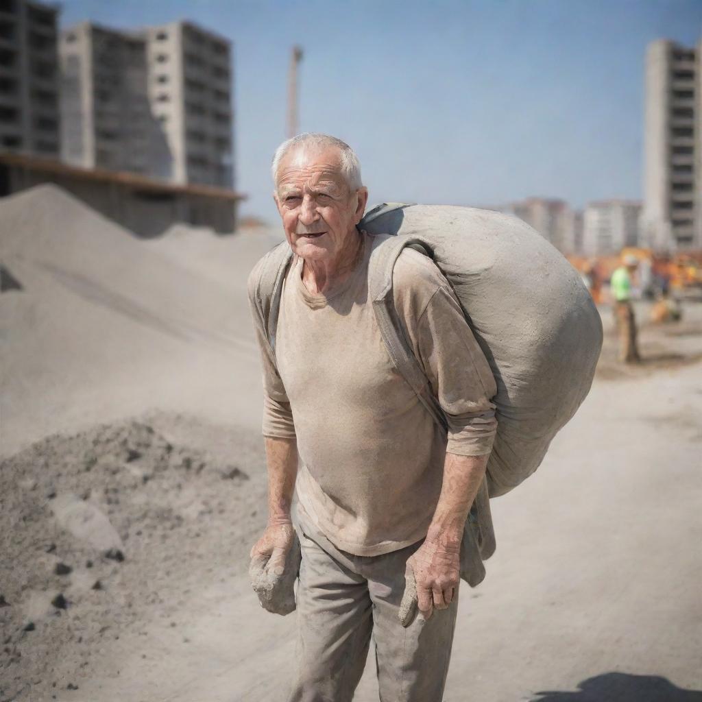 An image of a sturdy elderly man carrying a heavy bag of cement on his back, showing his endurance and strength, with a construction site in the backdrop.