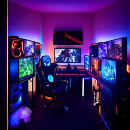 An immersive gaming setup in a cozy, well-lit bedroom with multiple monitors, glowing LED lights, soundproof headphones, a comfortable chair, gaming memorabilia, and a high-end gaming PC.