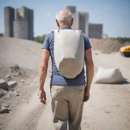 An image of a sturdy elderly man carrying a heavy bag of cement on his back, showing his endurance and strength, with a construction site in the backdrop.