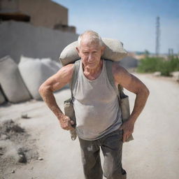 An image of a sturdy elderly man carrying a heavy bag of cement on his back, showing his endurance and strength, with a construction site in the backdrop.