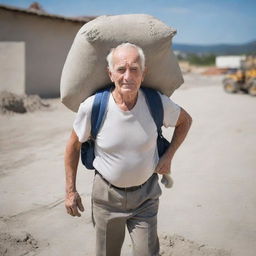 An image of a sturdy elderly man carrying a heavy bag of cement on his back, showing his endurance and strength, with a construction site in the backdrop.