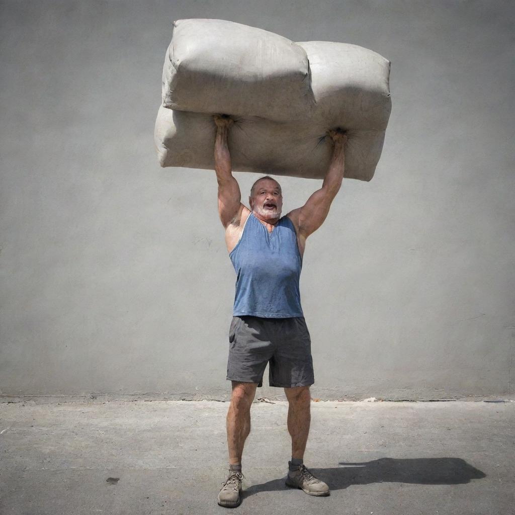 A powerful, aged man displaying remarkable strength as he effortlessly lifts three heavy cement bags, emphasizing his muscular build and determination.