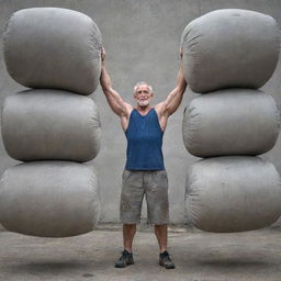 A powerful, aged man displaying remarkable strength as he effortlessly lifts three heavy cement bags, emphasizing his muscular build and determination.