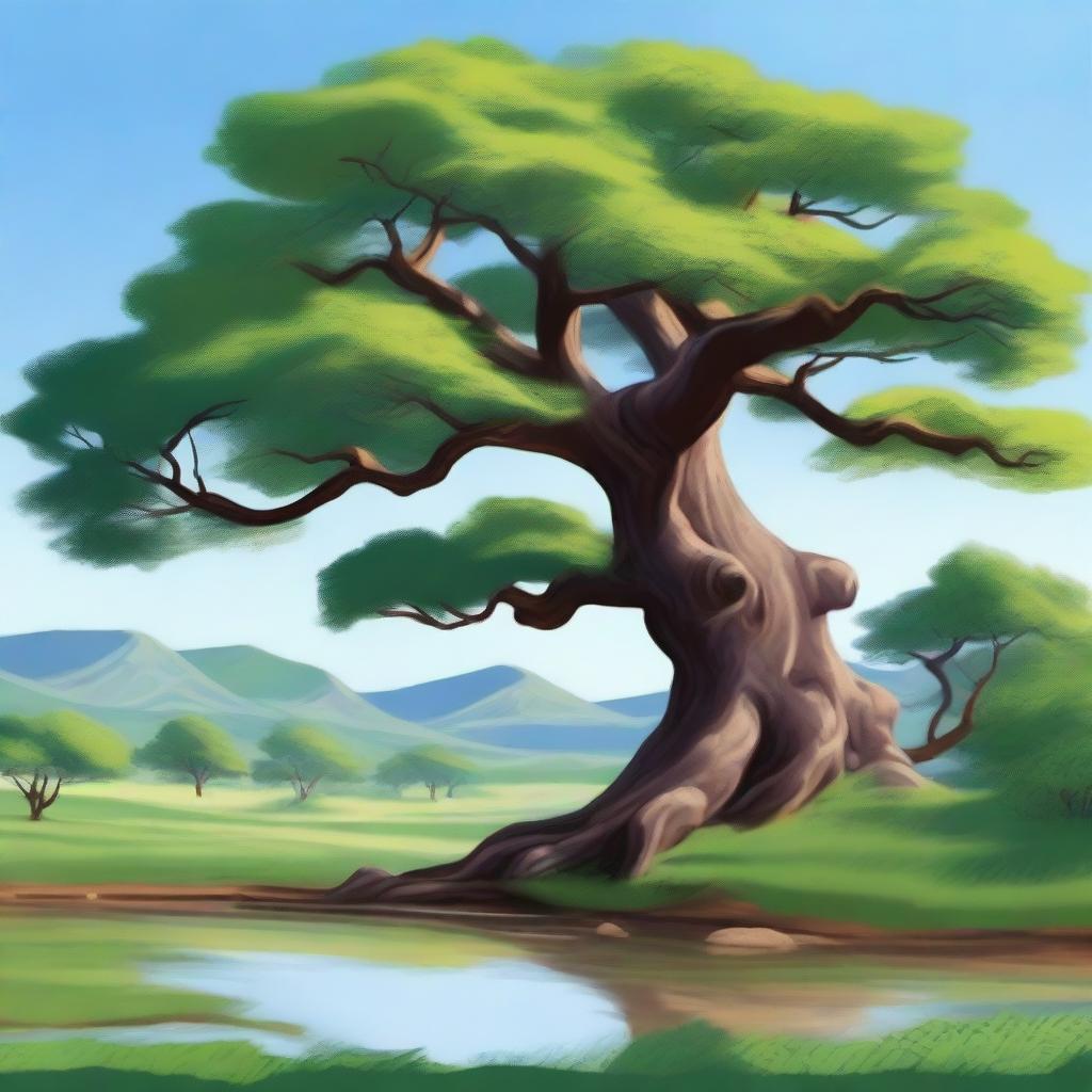 A serene and peaceful landscape featuring an ancient tree with lush green leaves, symbolizing long life and wisdom