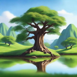 A serene and peaceful landscape featuring an ancient tree with lush green leaves, symbolizing long life and wisdom