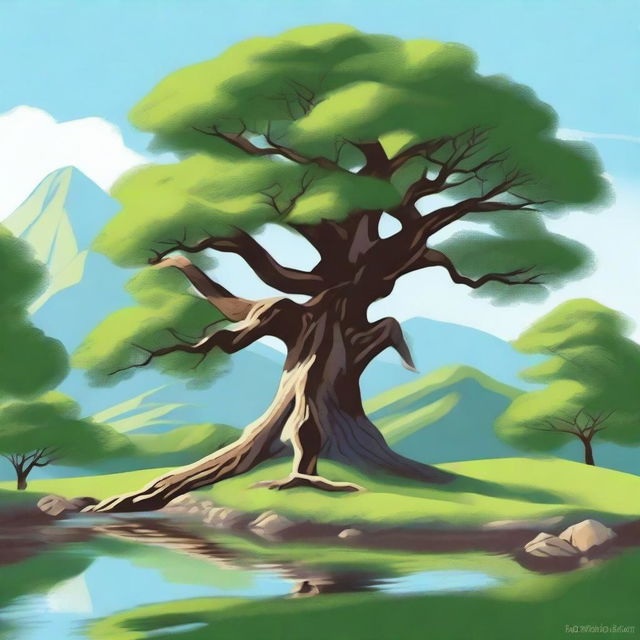 A serene and peaceful landscape featuring an ancient tree with lush green leaves, symbolizing long life and wisdom