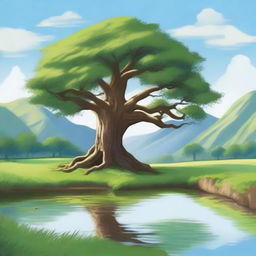 A serene and peaceful landscape featuring an ancient tree with lush green leaves, symbolizing long life and wisdom