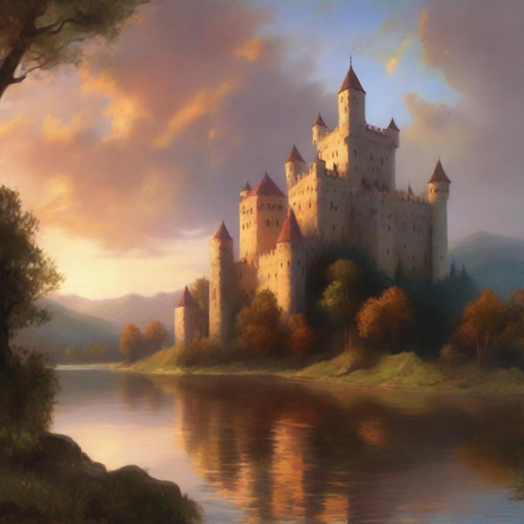 A grand medieval castle illuminated by the warm hues of a setting sun, depicted in an oil painting style