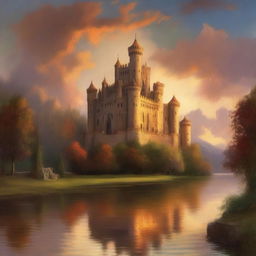 A grand medieval castle illuminated by the warm hues of a setting sun, depicted in an oil painting style