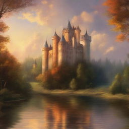 A grand medieval castle illuminated by the warm hues of a setting sun, depicted in an oil painting style