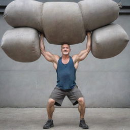 A powerful, aged man displaying remarkable strength as he effortlessly lifts three heavy cement bags, emphasizing his muscular build and determination.