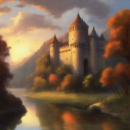 A grand medieval castle illuminated by the warm hues of a setting sun, depicted in an oil painting style