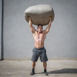 A powerful, aged man displaying remarkable strength as he effortlessly lifts three heavy cement bags, emphasizing his muscular build and determination.