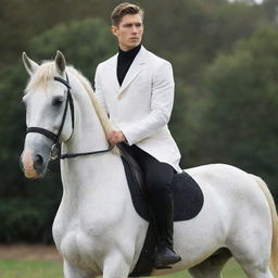 A young man in his mid-twenties, wearing a crisp white jacket and sleek black pants, gallantly riding a majestic horse.