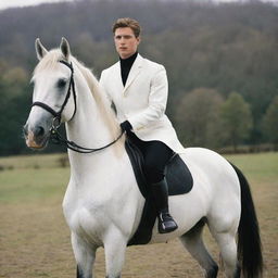 A young man in his mid-twenties, wearing a crisp white jacket and sleek black pants, gallantly riding a majestic horse.