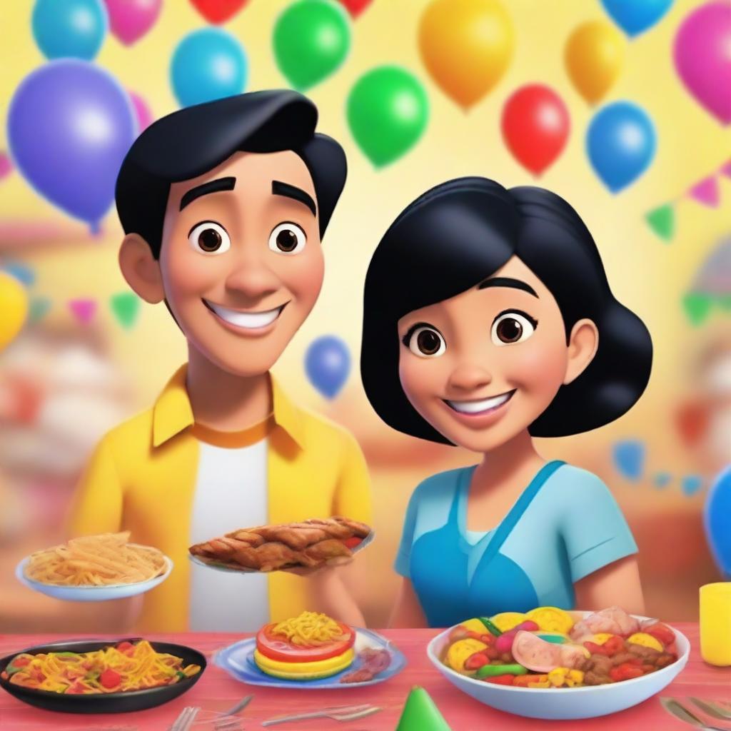 Create a vibrant movie poster for a kid animated movie featuring an Asian man with short black hair and an Asian woman with short black hair