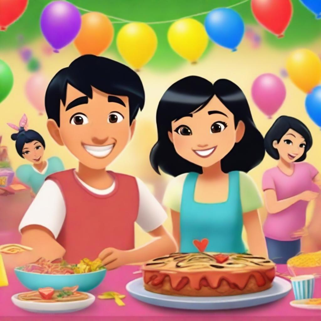 Create a vibrant movie poster for a kid animated movie featuring an Asian man with short black hair and an Asian woman with short black hair