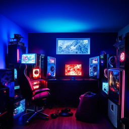 An immersive gaming setup in a cozy, well-lit bedroom with multiple monitors, glowing LED lights, soundproof headphones, a comfortable chair, gaming memorabilia, and a high-end gaming PC.