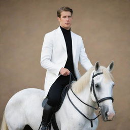 A young man in his mid-twenties, wearing a crisp white jacket and sleek black pants, gallantly riding a majestic horse.