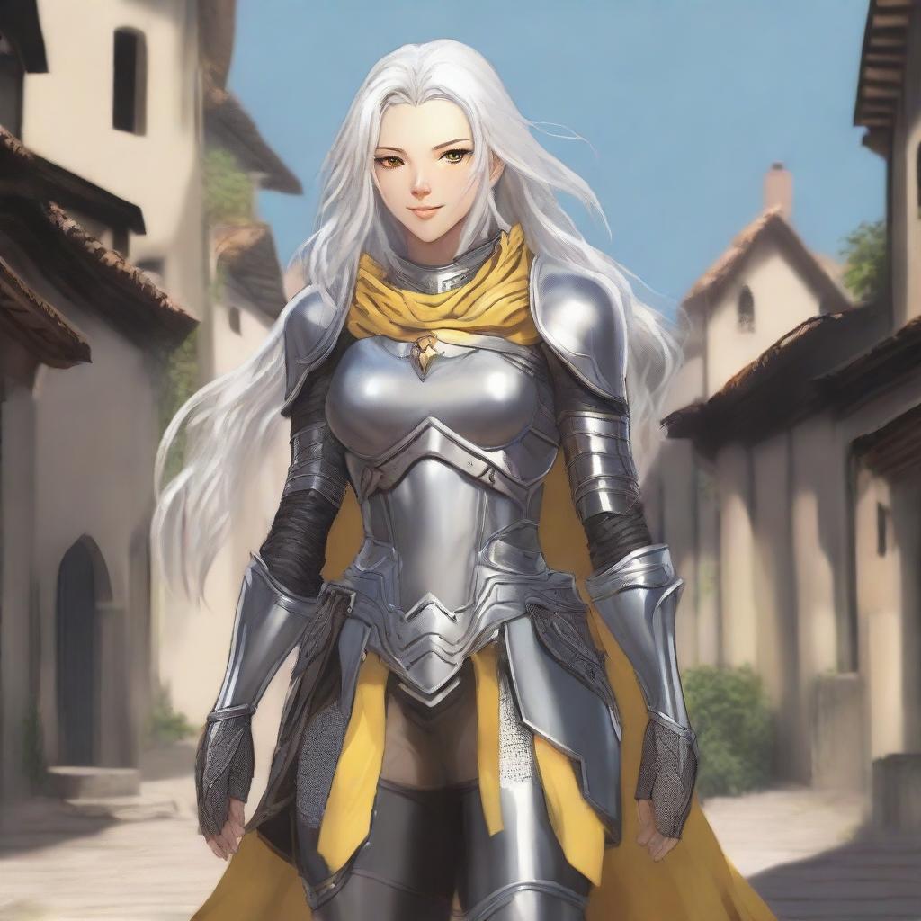 Full body image of a middle-aged female aasimar with long silver hair, pale skin, and yellow eyes