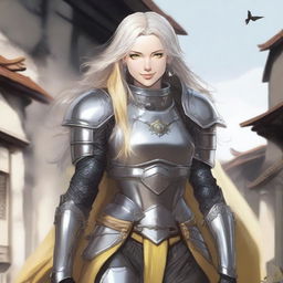 Full body image of a middle-aged female aasimar with long silver hair, pale skin, and yellow eyes