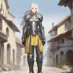 Full body image of a middle-aged female aasimar with long silver hair, pale skin, and yellow eyes