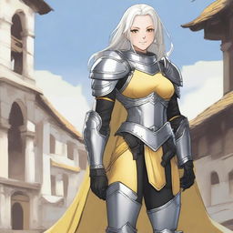 Full body image of a middle-aged female aasimar with long silver hair, pale skin, and yellow eyes