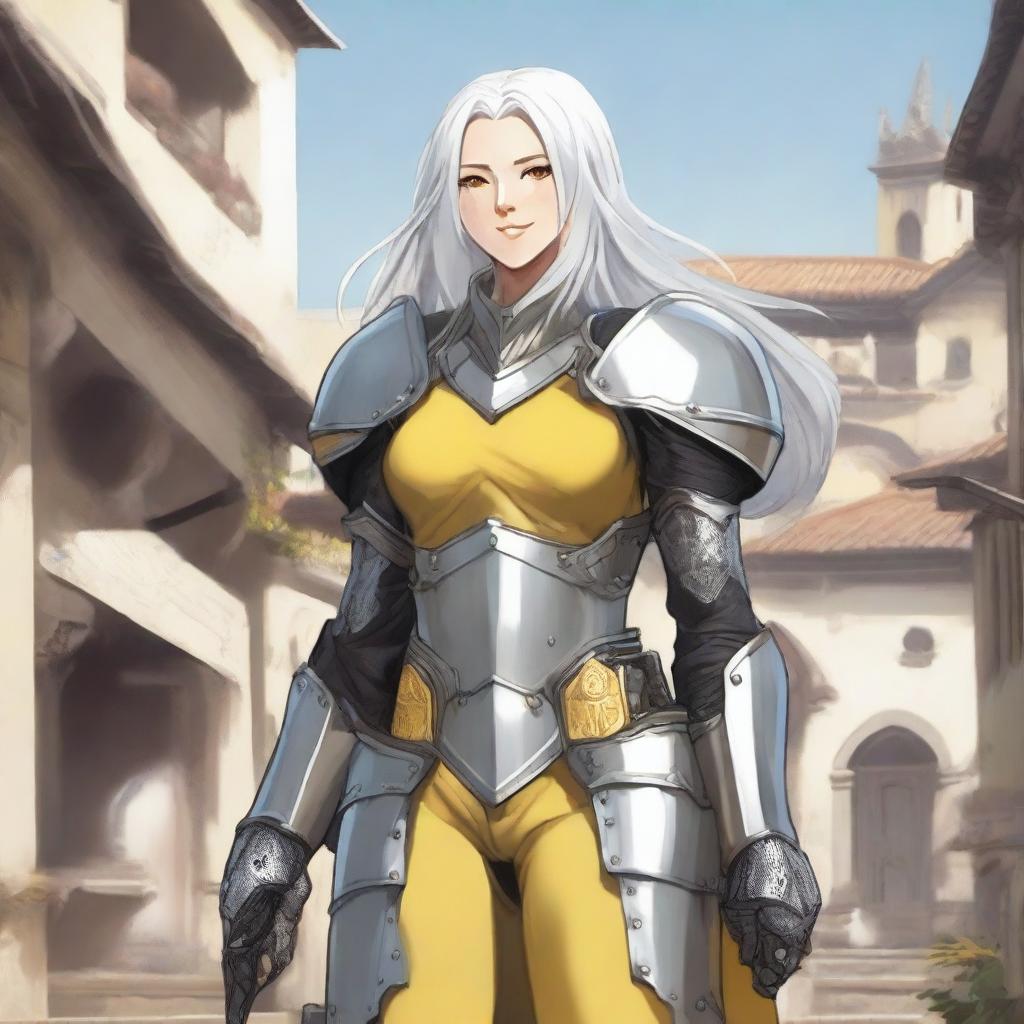 Full body image of a middle-aged female aasimar with long silver hair, pale skin, and yellow eyes