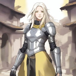 Full body image of a middle-aged female aasimar with long silver hair, pale skin, and yellow eyes