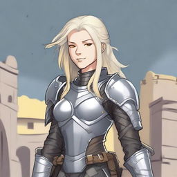 Full body image of a middle-aged female aasimar with long silver hair, pale skin, and yellow eyes