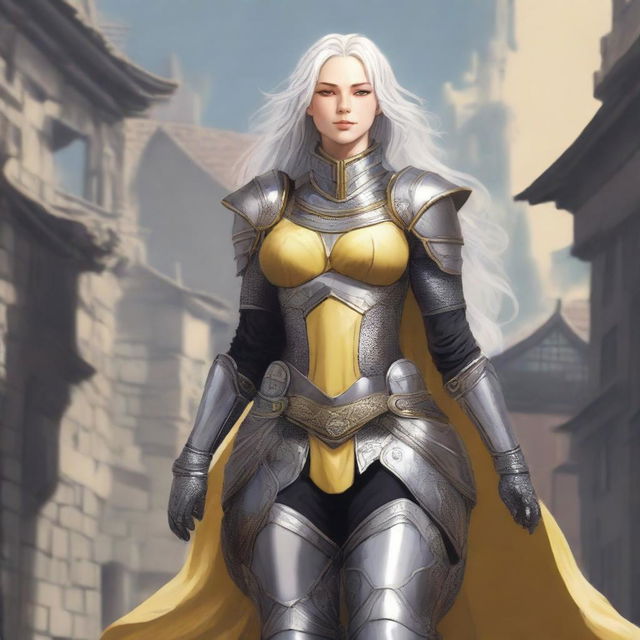 Full body image of a middle-aged female aasimar with long silver hair, pale skin, and yellow eyes