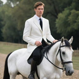 A young man in his mid-twenties, wearing a crisp white jacket and sleek black pants, gallantly riding a majestic horse.