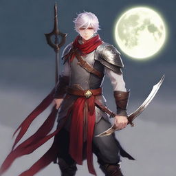 Create a human character with the following characteristics: human, arcane warrior class, wielding two short swords, one in each hand, with a glowing bow on their back that shines under the moonlight