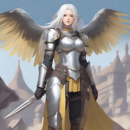 Full body image of a middle-aged female aasimar with long silver hair, pale skin, and yellow eyes