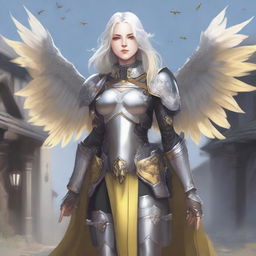 Full body image of a middle-aged female aasimar with long silver hair, pale skin, and yellow eyes