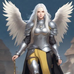 Full body image of a middle-aged female aasimar with long silver hair, pale skin, and yellow eyes