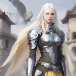 Full body image of a middle-aged female aasimar with long silver hair, pale skin, and yellow eyes