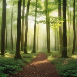 A beautiful forest cover image featuring tall, lush trees with sunlight filtering through the leaves