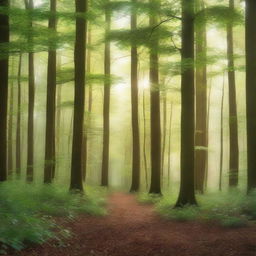 A beautiful forest cover image featuring tall, lush trees with sunlight filtering through the leaves