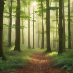 A beautiful forest cover image featuring tall, lush trees with sunlight filtering through the leaves